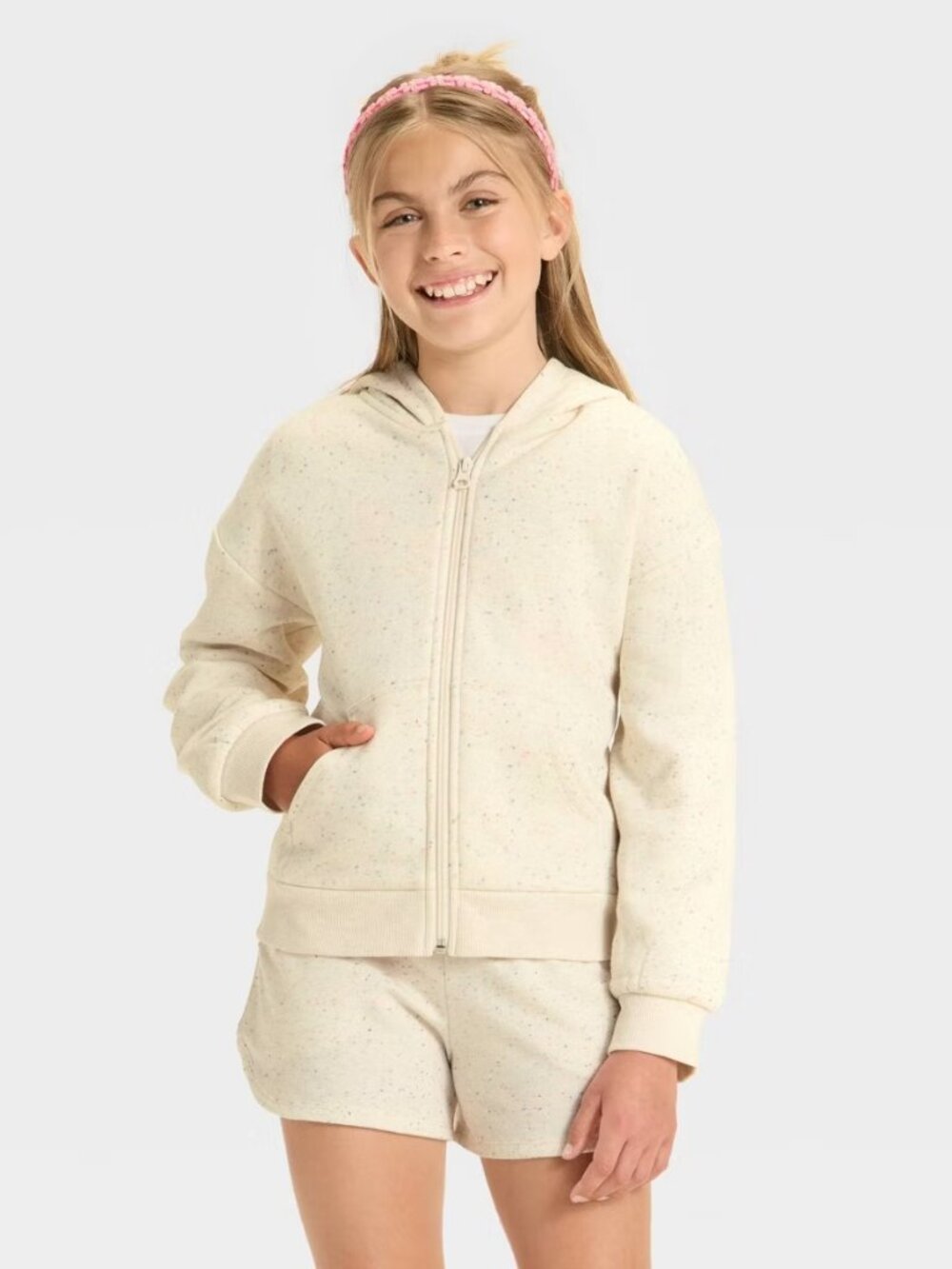 Girls' Fleece Polka Dots Hooded Zip-Up Sweatshirt - Cat & Jack™ Cream XL